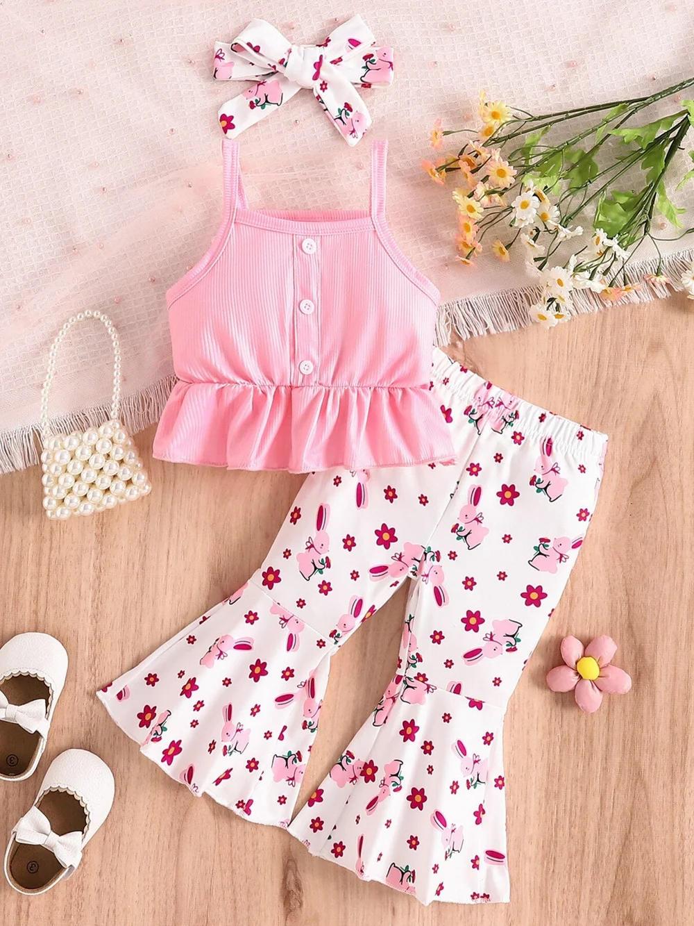 Pink Ruffle Tank & Bunny Print Flared Leg Set